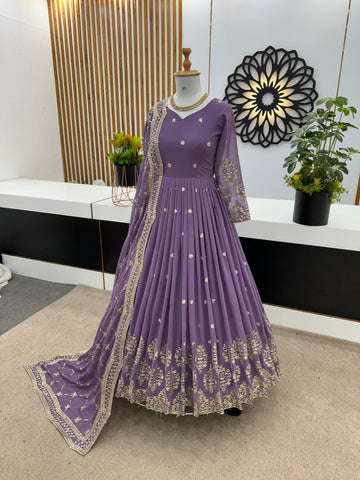 Mesmerizing Embroidery Sequence Work Onion Color Long Gown