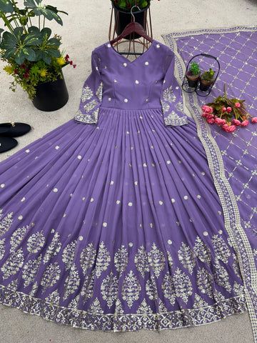 Mesmerizing Embroidery Sequence Work Onion Color Long Gown