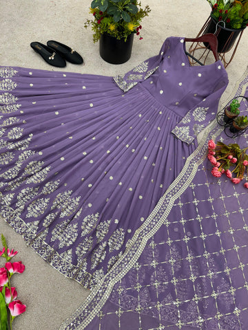 Mesmerizing Embroidery Sequence Work Onion Color Long Gown