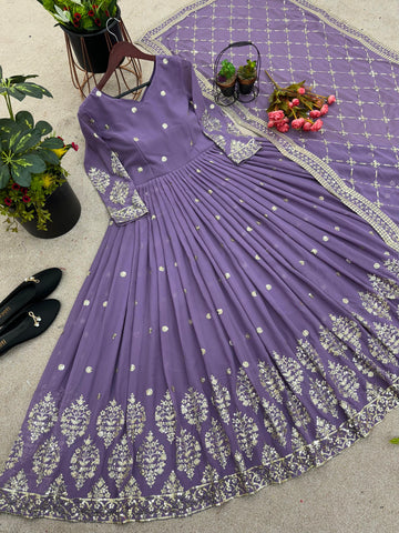 Mesmerizing Embroidery Sequence Work Onion Color Long Gown