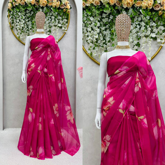 Designer Thread With Moti work Pink Color Saree