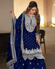 Decent Embroidery Sequence Work Blue Color Sharara Suit