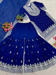 Decent Embroidery Sequence Work Blue Color Sharara Suit