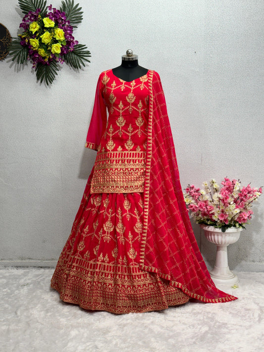 Admiring Chine Stitch Work Pink Color Top With Lehenga