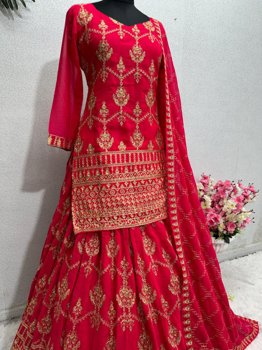 Admiring Chine Stitch Work Pink Color Top With Lehenga