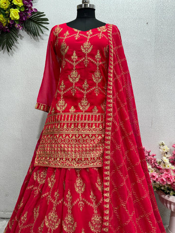 Admiring Chine Stitch Work Pink Color Top With Lehenga
