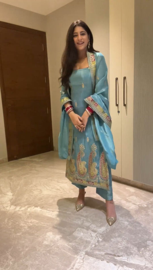 Beautiful Embroidery Sequence Work Rama Color Sharara Suit