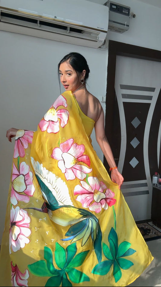 Captivating Yellow Color Organza Silk Ready To Wear Saree