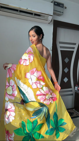 Captivating Yellow Color Organza Silk Ready To Wear Saree