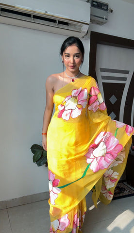 Captivating Yellow Color Organza Silk Ready To Wear Saree