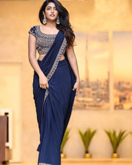 Marvelous Navy Blue Color Embroidery Sequins Work Ready To Wear saree