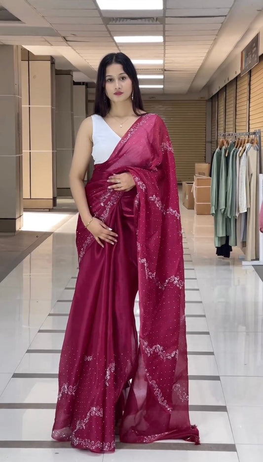 New   Embellished Work Wine Color Party Wear Saree