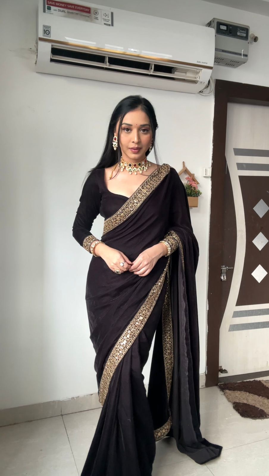 Glimmering Embroidery Work Black Color Ready To Wear Saree