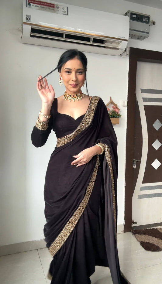 Glimmering Embroidery Work Black Color Ready To Wear Saree