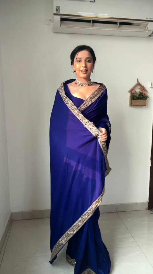 Glimmering Embroidery Work Blue Color Ready To Wear Saree