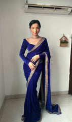 Glimmering Embroidery Work Blue Color Ready To Wear Saree