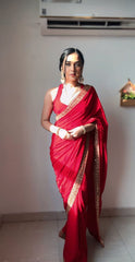 Glimmering Embroidery Work Red  Color Ready To Wear Saree