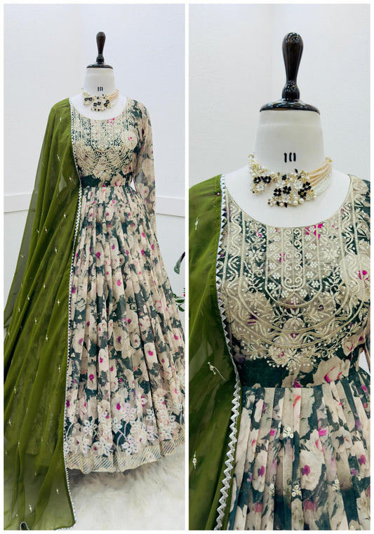 Fabulous Multi Printed Gown With Mehendi Green Dupatta