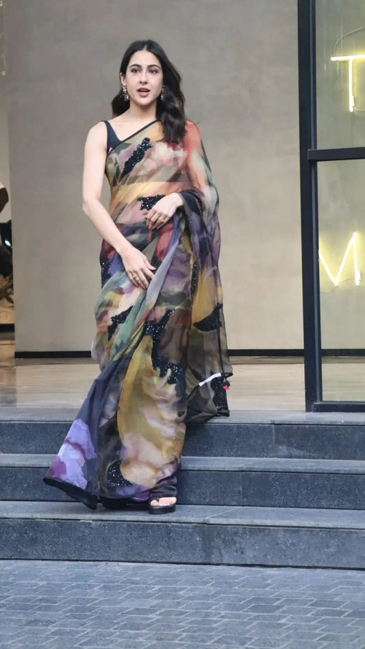 Celebrity Sara Ali Khan Wear Multi Color Saree