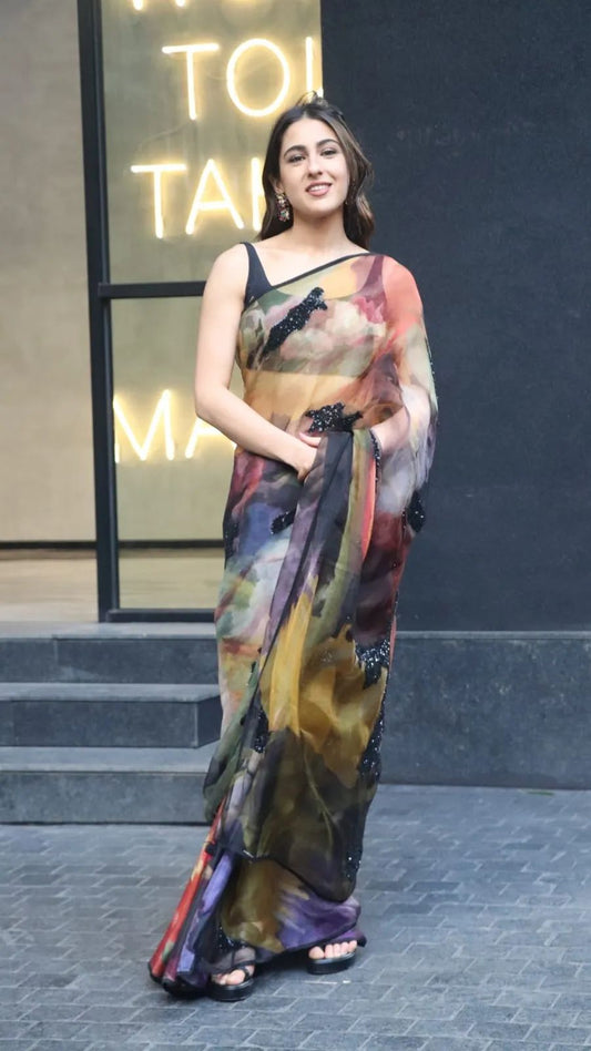 Celebrity Sara Ali Khan Wear Multi Color Saree