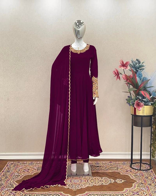 Wonderful Sleeve Work Wine Color Anarkali Suit