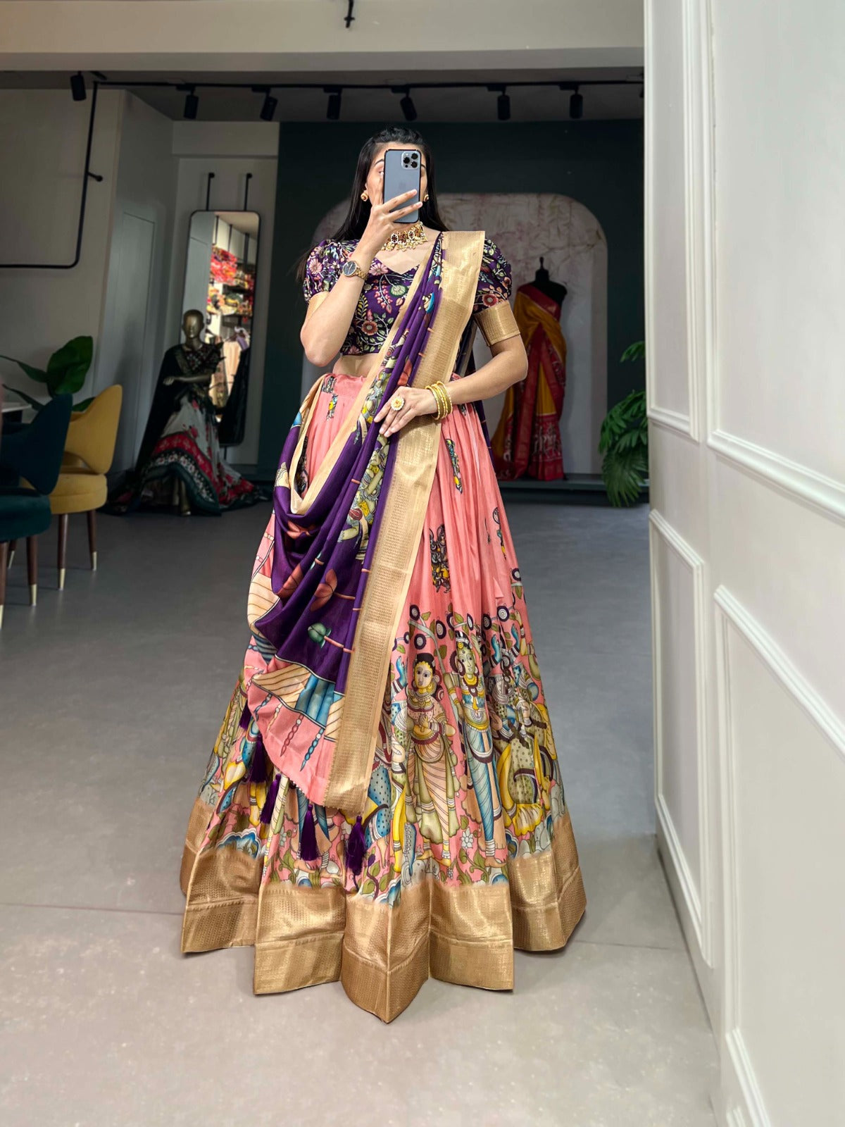 Shining Kalamkari Print Peach Color Lehenga Choli