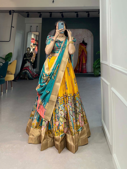 Shining Kalamkari Print Yellow Color Lehenga Choli