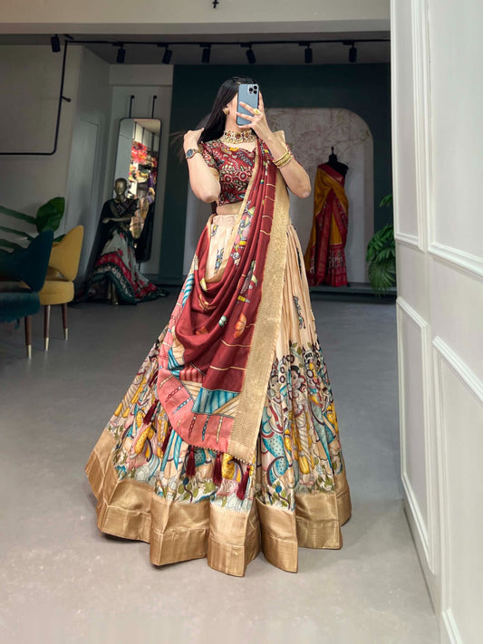 Shining Kalamkari Print Cream Color Lehenga Choli