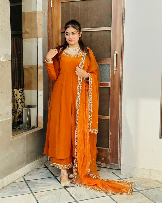 Trendy Orange Color Embroidery Work Anarkali Gown