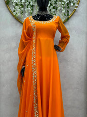 Trendy Orange Color Embroidery Work Anarkali Gown