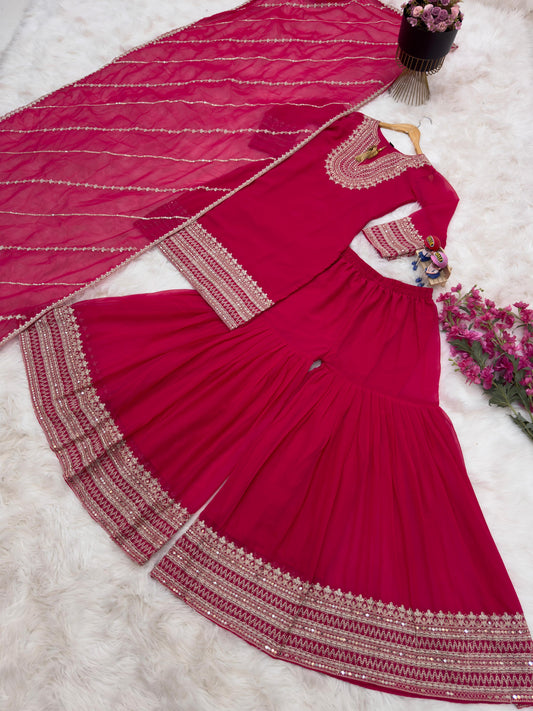 Glorious Coding Sequence Embroidery Red Color Sharara Suit