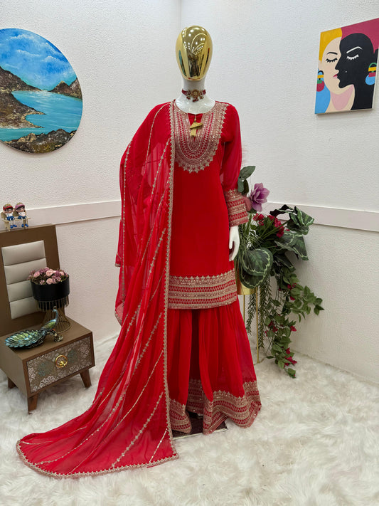 Glorious Coding Sequence Embroidery Red Color Sharara Suit