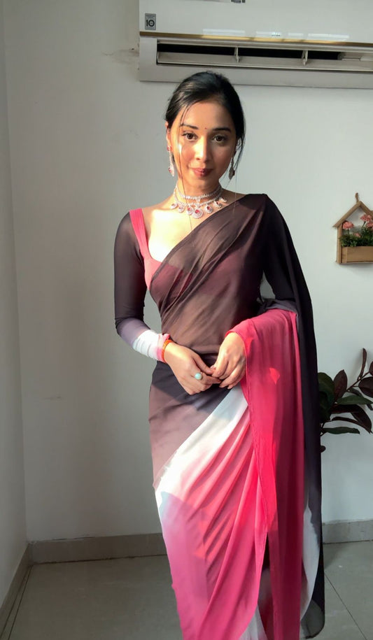 Stunning Black And Pink Color Silk Ready To Wear Saree