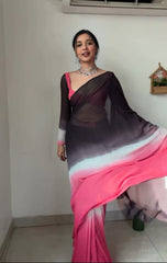 Stunning Black And Pink Color Silk Ready To Wear Saree