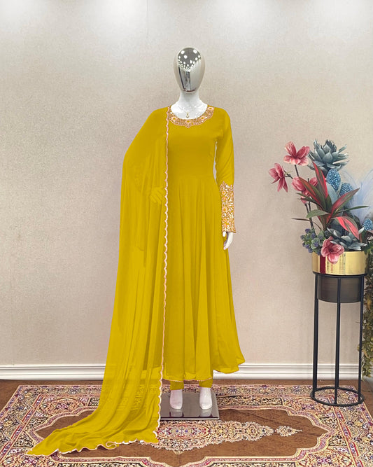 Wonderful Sleeve Work Yellow  Color Anarkali Suit