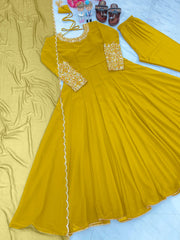 Wonderful Sleeve Work Yellow  Color Anarkali Suit