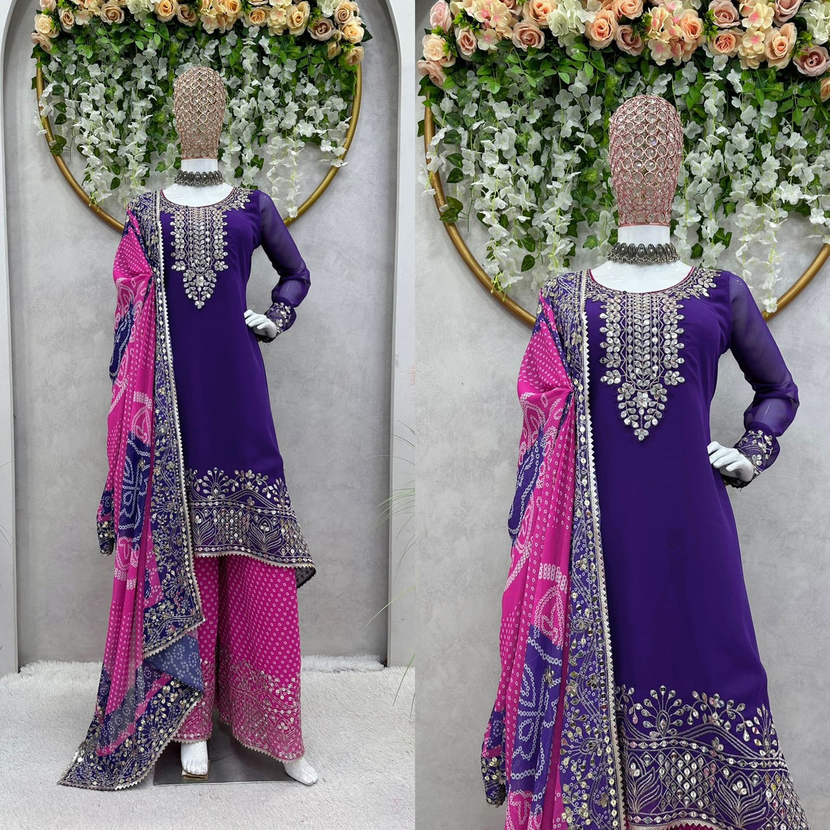 Purple Top With Pink Bandhani Sharara And Dupatta