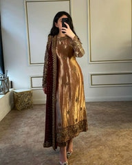 Shine Brown Color Embroidery Work Salwar Suit With Dupatta