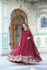 Presenting Embroidery Zari Sequins Work Maroon Color Long Gown