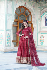 Presenting Embroidery Zari Sequins Work Maroon Color Long Gown