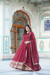 Presenting Embroidery Zari Sequins Work Maroon Color Long Gown