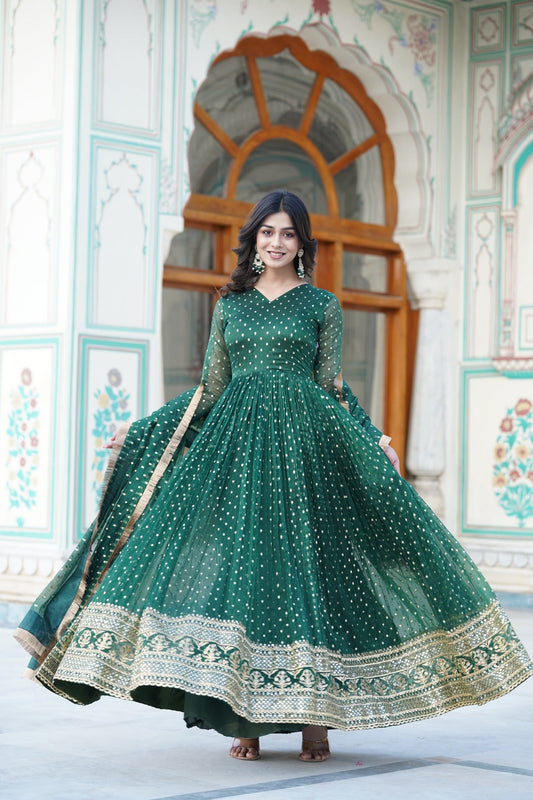 Presenting Embroidery Zari Sequins Work Green Color Long Gown