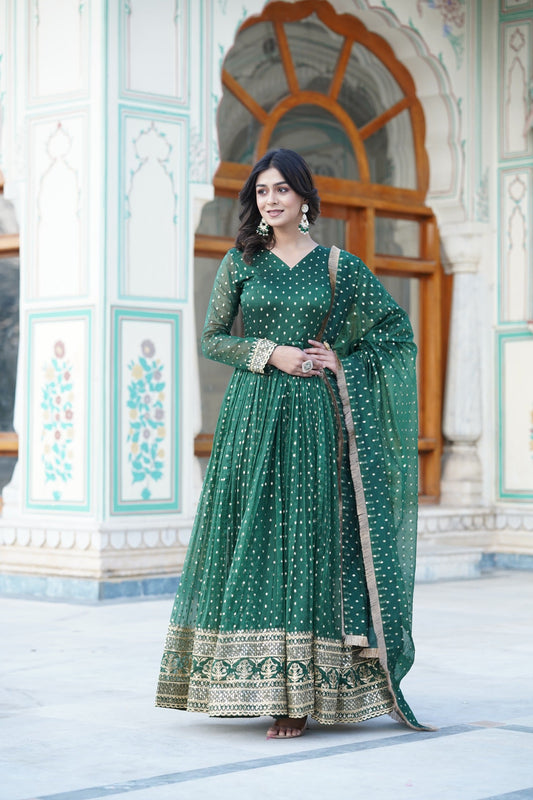 Presenting Embroidery Zari Sequins Work Green Color Long Gown