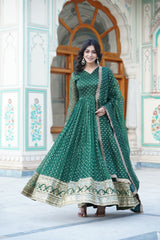 Presenting Embroidery Zari Sequins Work Green Color Long Gown