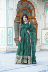 Presenting Embroidery Zari Sequins Work Green Color Long Gown