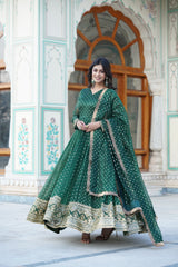 Presenting Embroidery Zari Sequins Work Green Color Long Gown