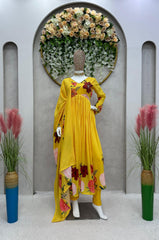 Trendy Digital Print With Hand Work Yellow Color Aliyacut Anarkali Suit