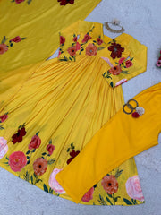 Trendy Digital Print With Hand Work Yellow Color Aliyacut Anarkali Suit