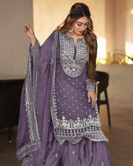 Decent Embroidery Sequence Work Onion Color Sharara Suit