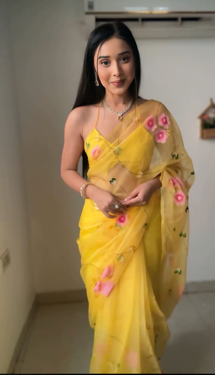 Shining Organza Silk Yellow Color Flower Design Ready To Wear Saree